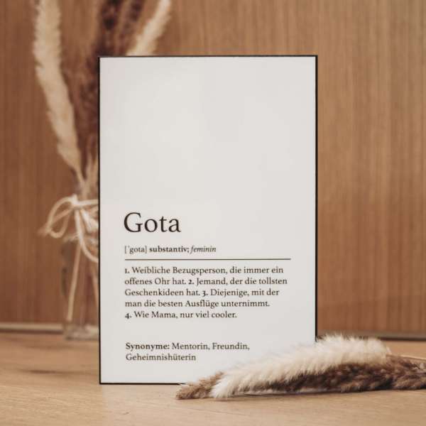 Handgefertigte Definitionstafel „Gota“ aus erstklassigem Material – das ideale Geschenk für eine ganz besondere Frau in deinem Leben.